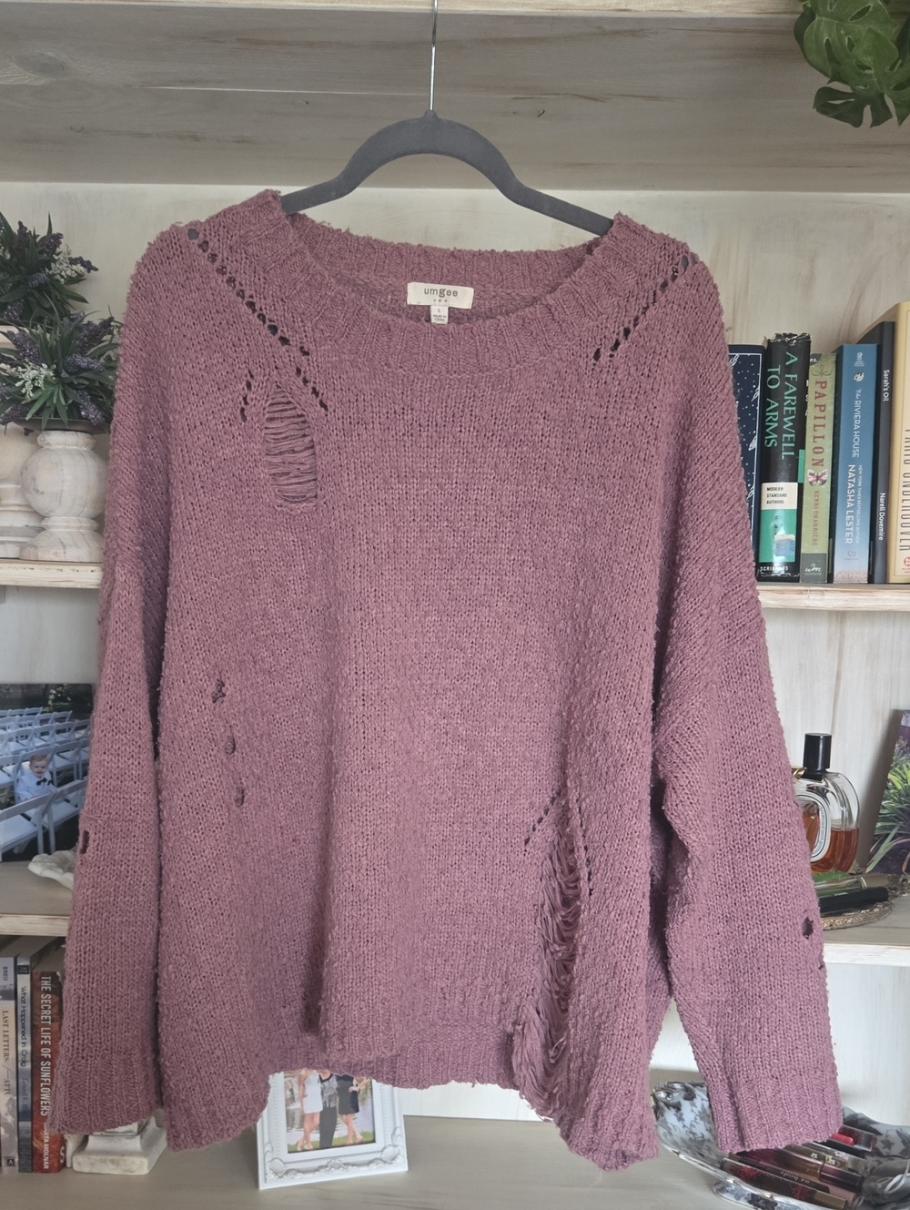 Umgee Mauve Dusty Rose Distressed Crew Neck Sweater